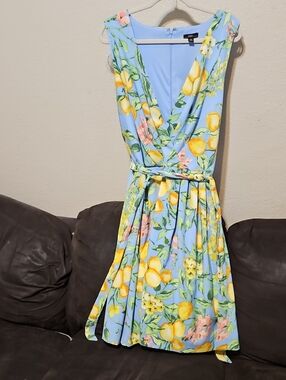 R&K Light Blue Floral Wrap Midi Dress with Belt